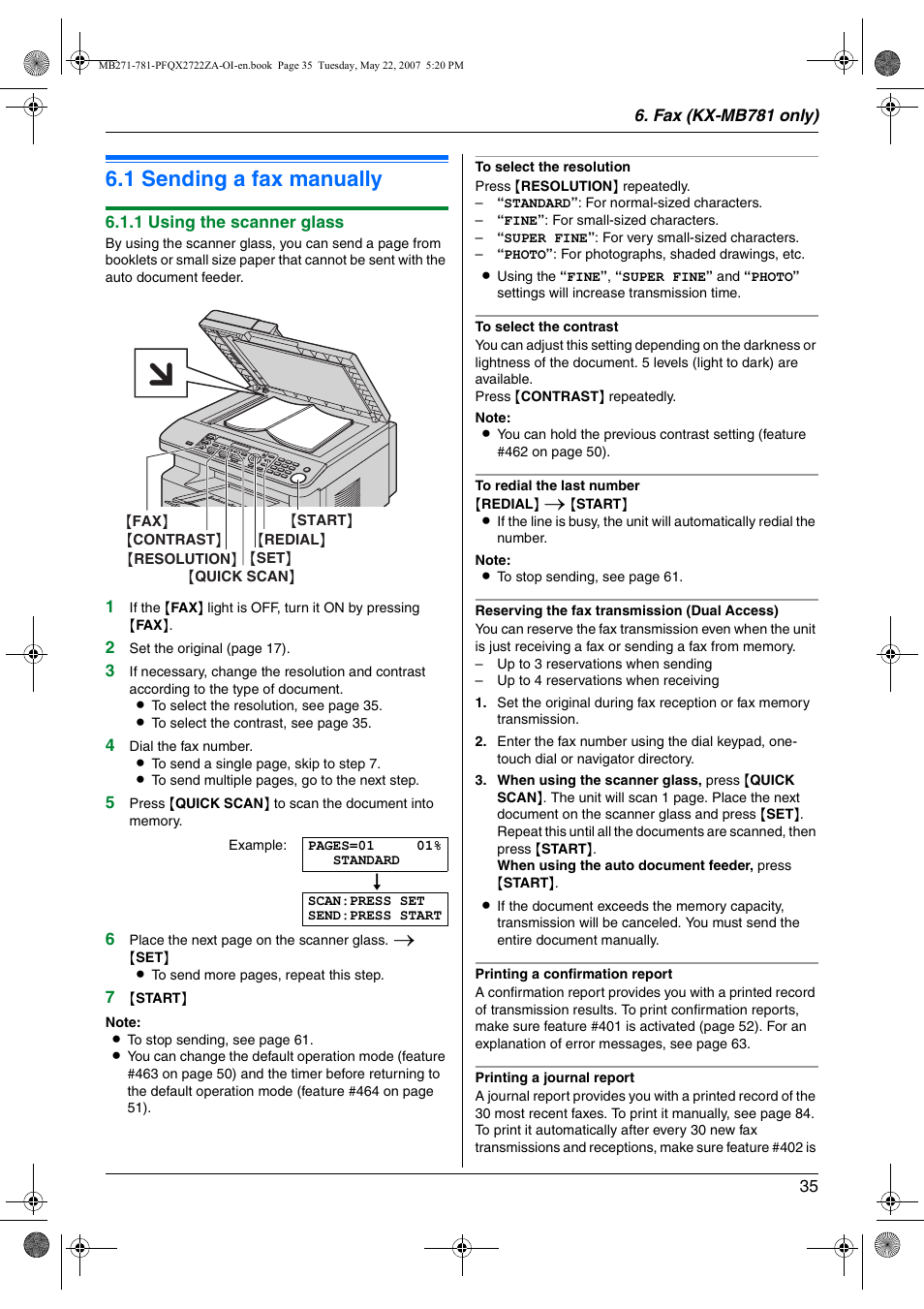 Fax (kx-mb781 only), Sending faxes, 1 sending a fax manually | Sending a fax manually, 1 sending a fax manually | Panasonic KX-MB271 User Manual | Page 35 / 96