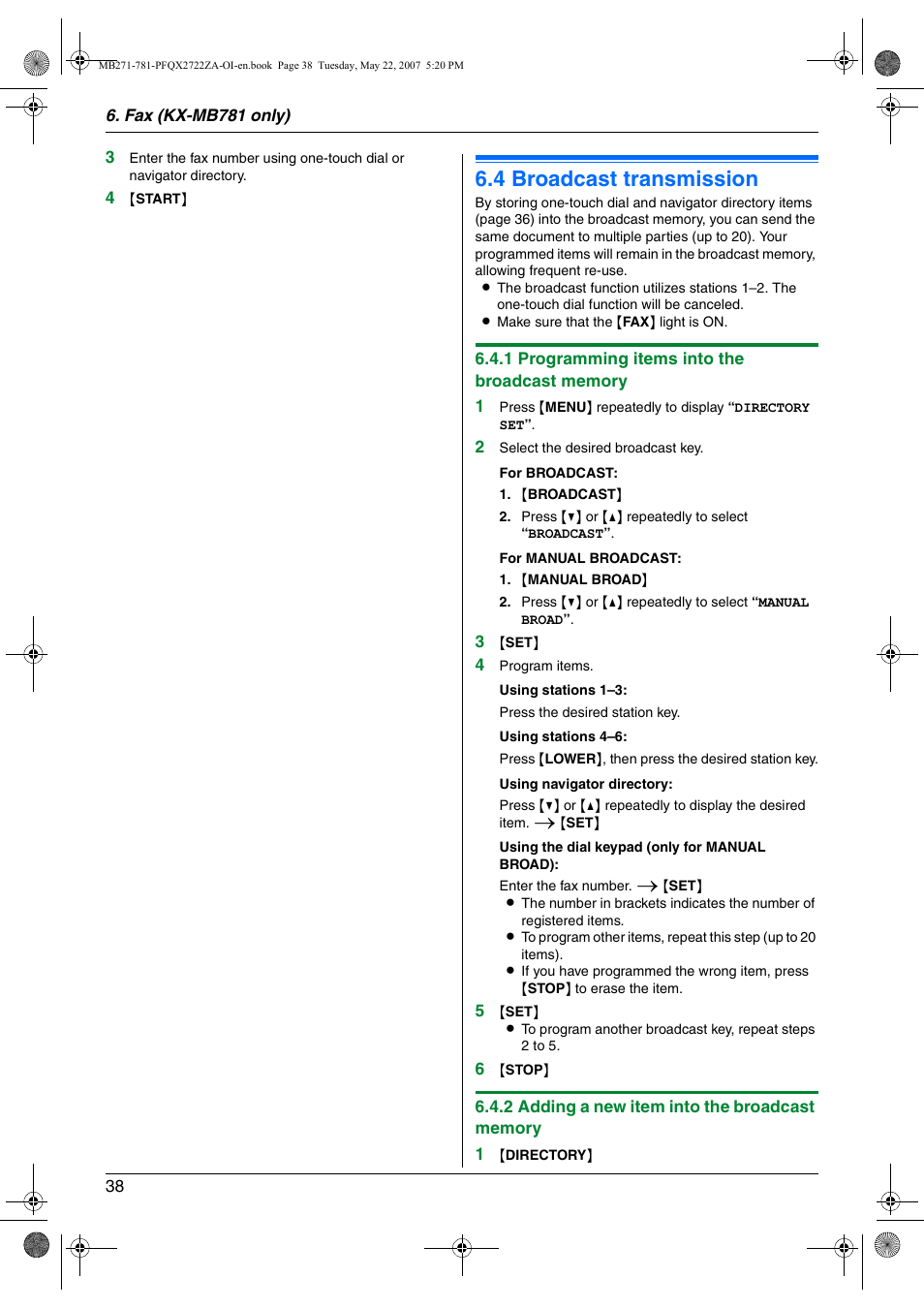 4 broadcast transmission, Broadcast transmission, 4 broadcast transmission | Panasonic KX-MB271 User Manual | Page 38 / 96