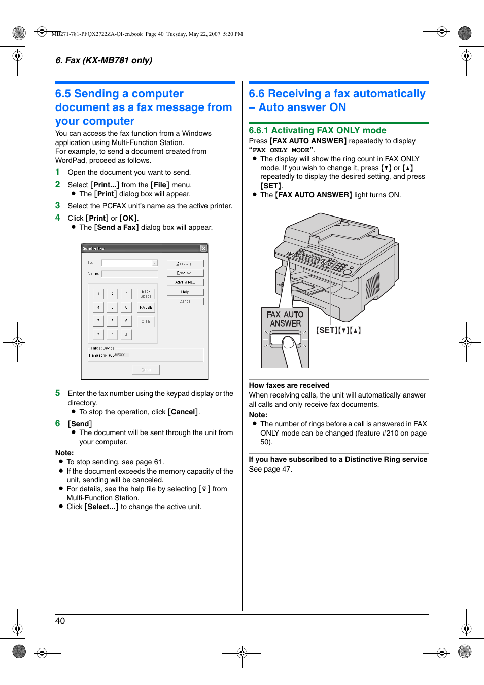 Receiving faxes, 6 receiving a fax automatically – auto answer on, Receiving a fax automatically – auto answer on | 6 receiving a fax automatically – auto answer on | Panasonic KX-MB271 User Manual | Page 40 / 96