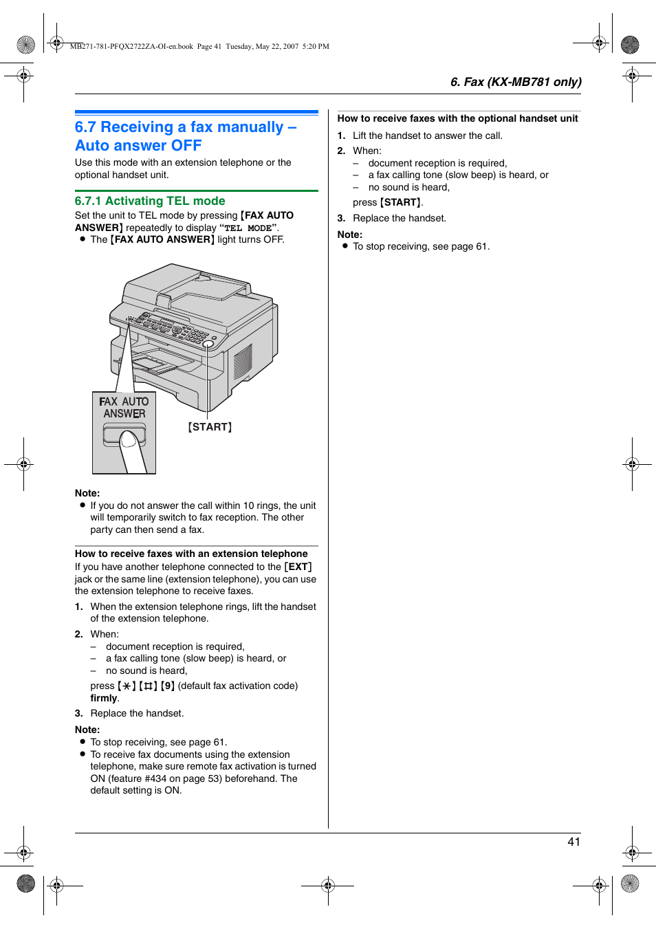 7 receiving a fax manually – auto answer off, Receiving a fax manually – auto answer off, 7 receiving a fax manually – auto answer off | Panasonic KX-MB271 User Manual | Page 41 / 96