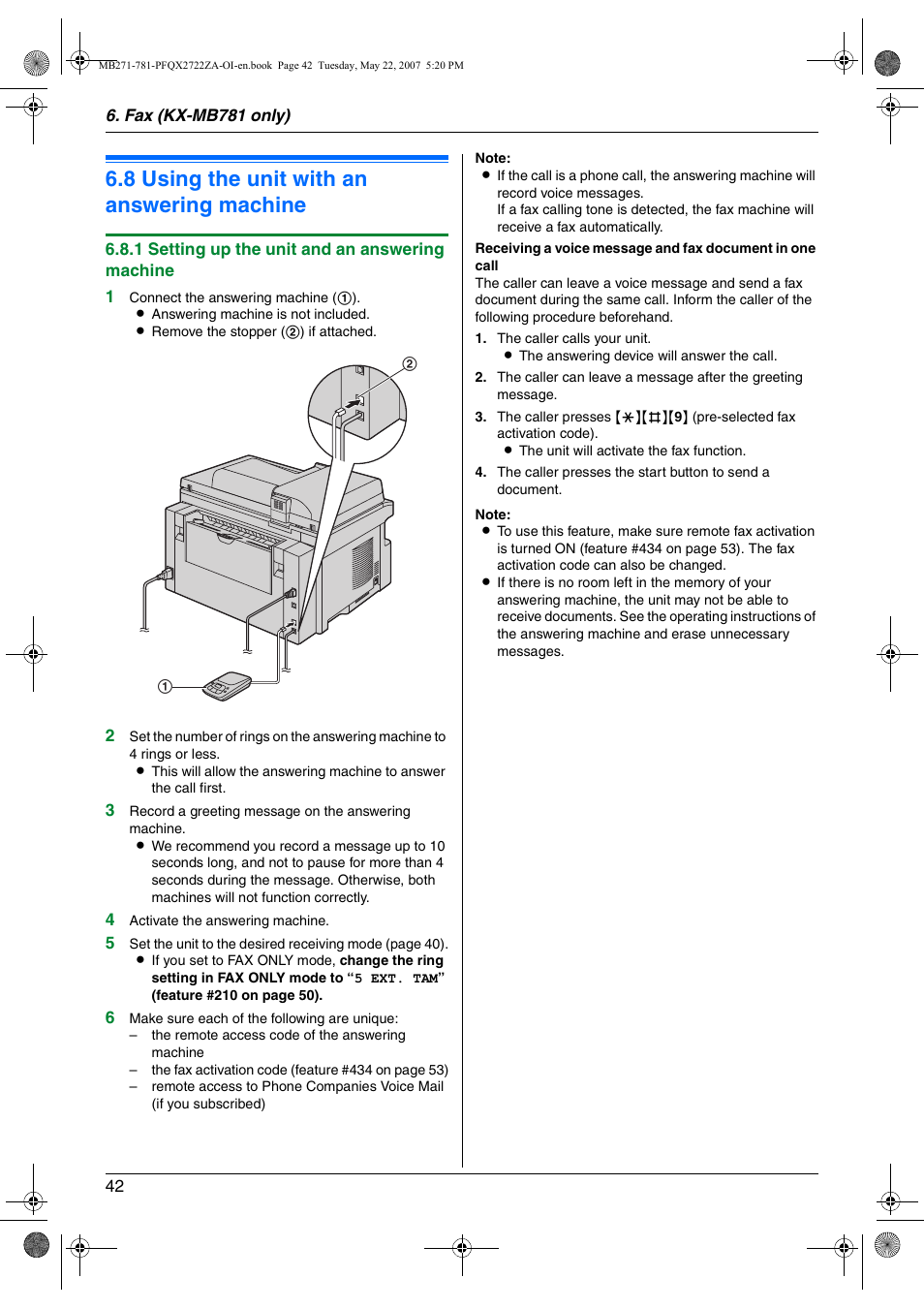 8 using the unit with an answering machine, Using the unit with an answering machine, 8 using the unit with an answering machine | Panasonic KX-MB271 User Manual | Page 42 / 96