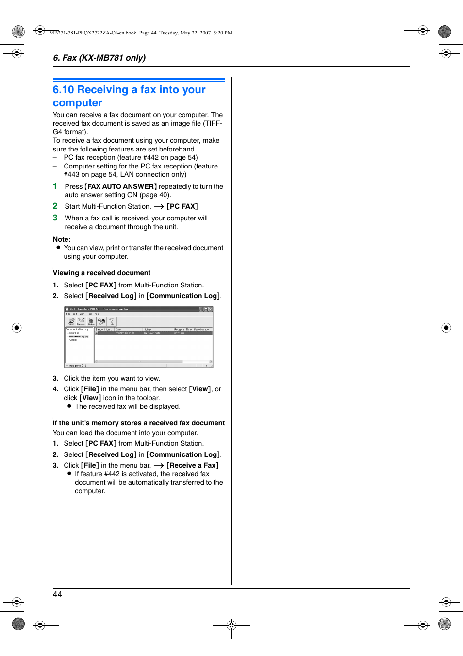 10 receiving a fax into your computer, Receiving a fax into your computer, 10 receiving a fax into your computer | Panasonic KX-MB271 User Manual | Page 44 / 96