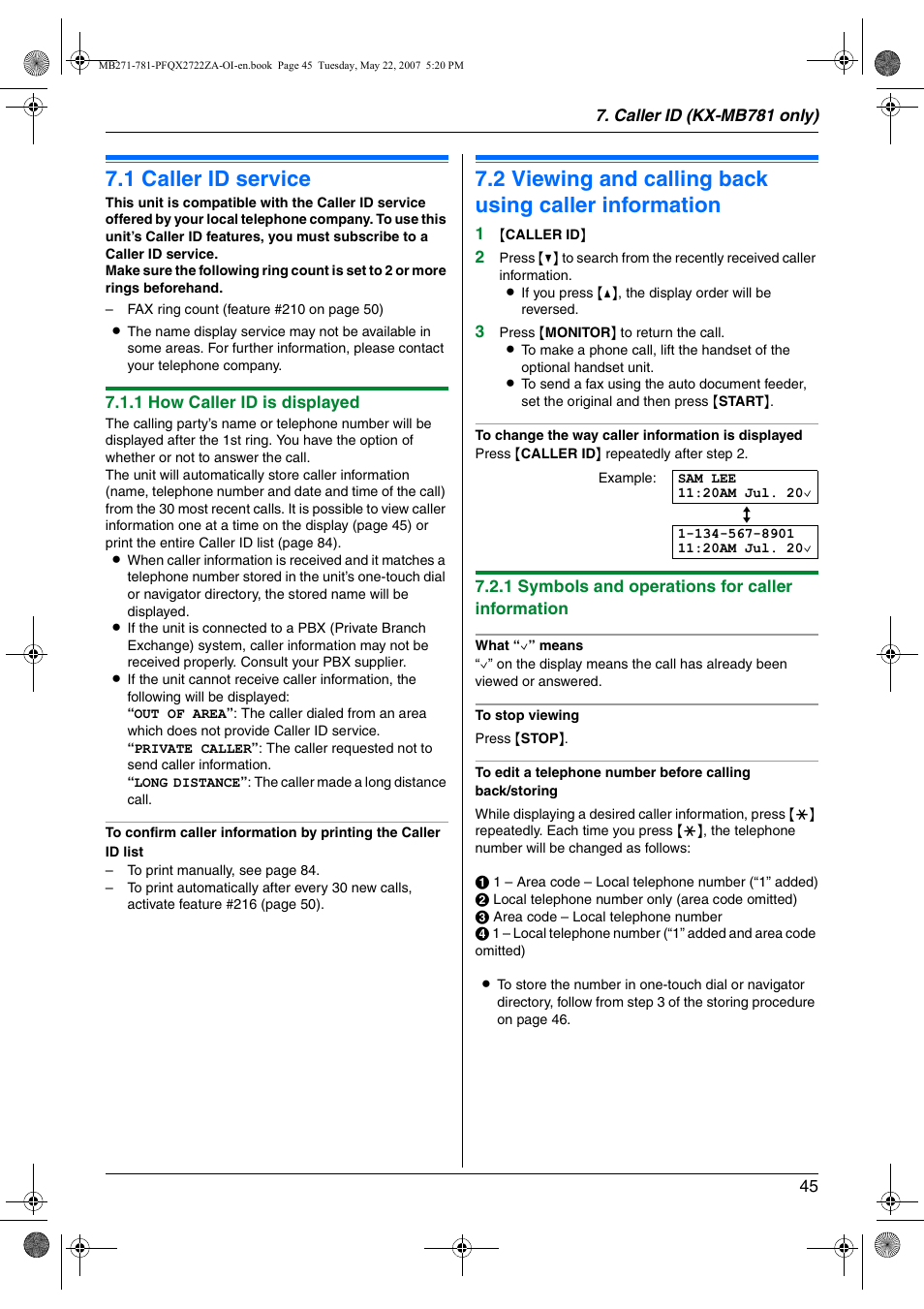 Caller id (kx-mb781 only), Caller id, 1 caller id service | Caller id service, Viewing and calling back using caller information, 1 caller id service | Panasonic KX-MB271 User Manual | Page 45 / 96