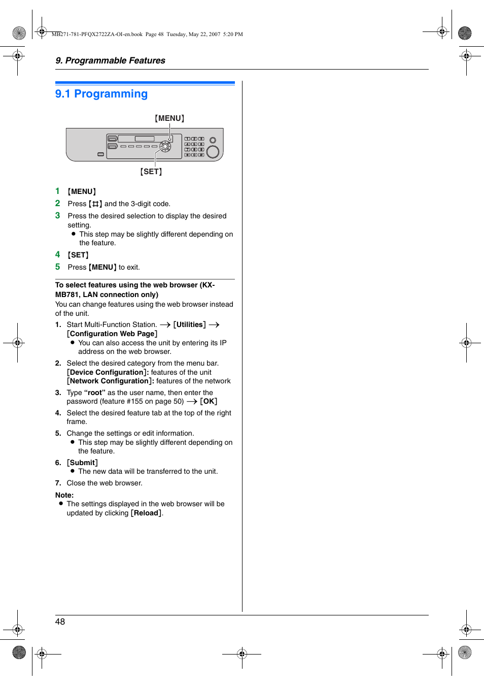 Programmable features, Features summary, 1 programming | Programming, 1 programming | Panasonic KX-MB271 User Manual | Page 48 / 96