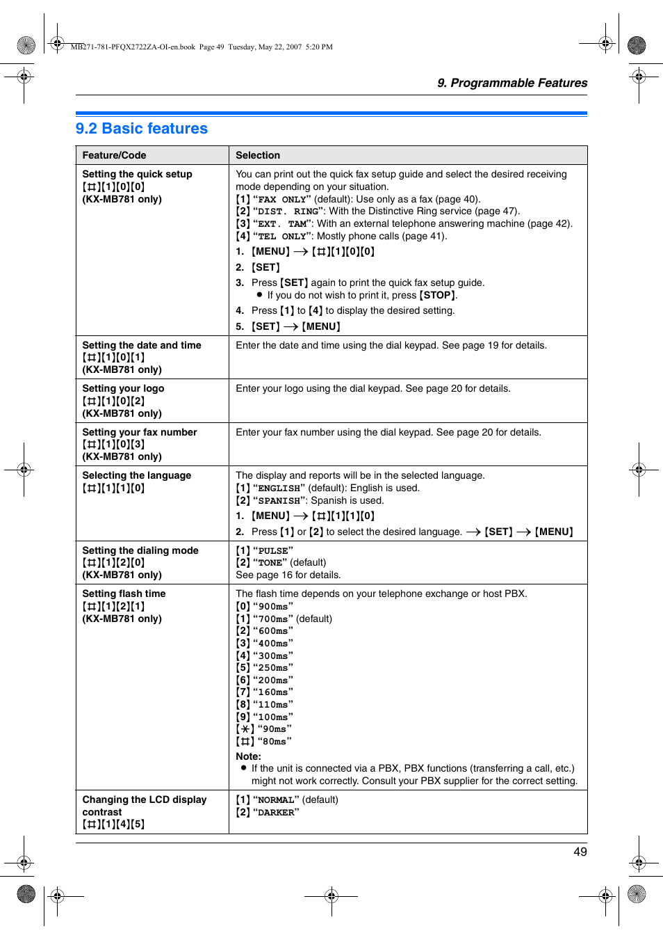 2 basic features, Basic features, 2 basic features | Panasonic KX-MB271 User Manual | Page 49 / 96