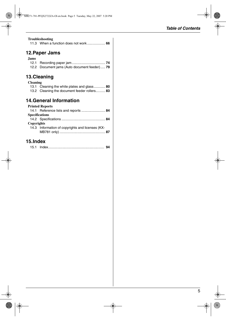 Paper jams, Cleaning, General information | Index | Panasonic KX-MB271 User Manual | Page 5 / 96