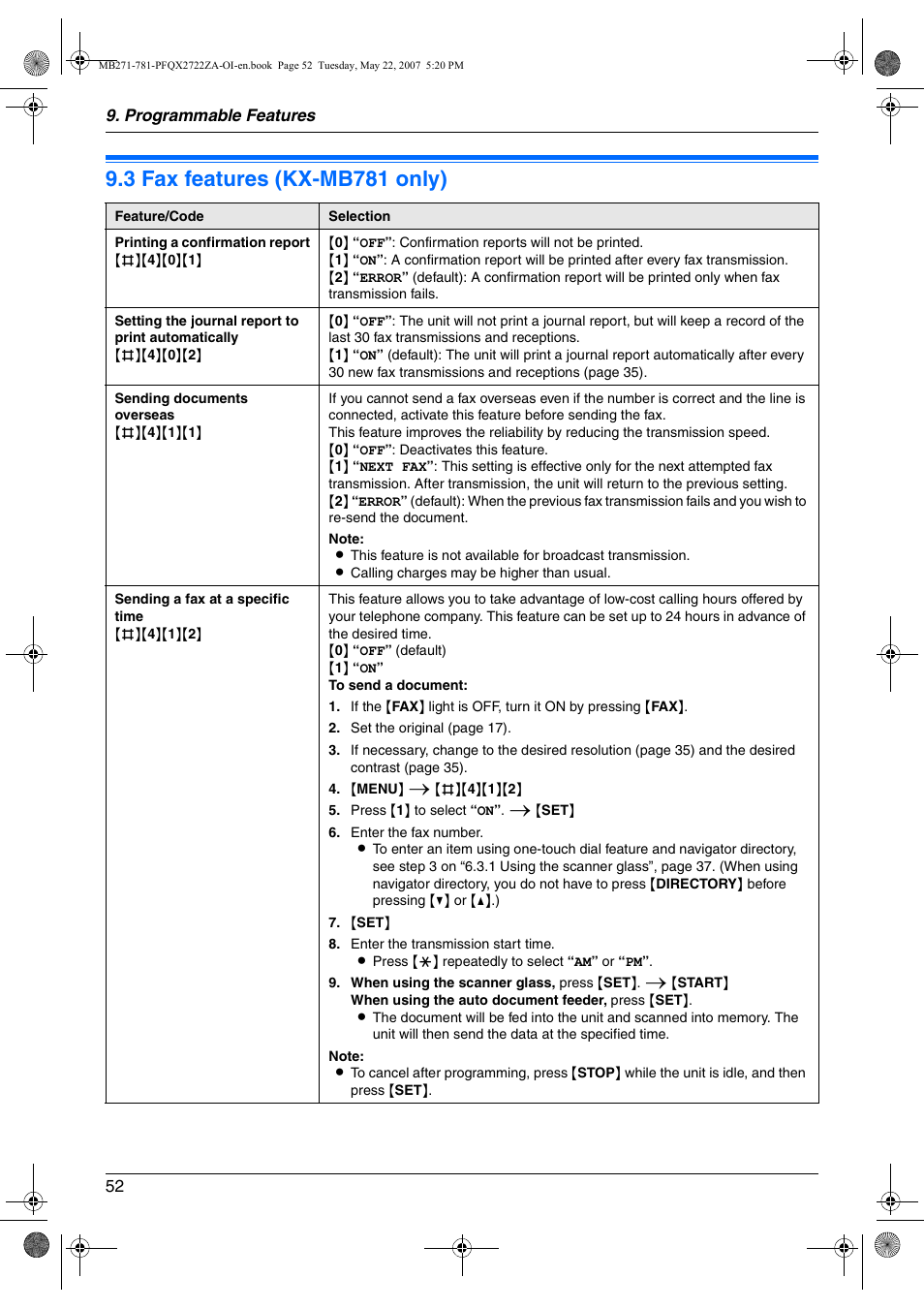3 fax features (kx-mb781 only), Fax features (kx-mb781 only), 3 fax features (kx-mb781 only) | Panasonic KX-MB271 User Manual | Page 52 / 96