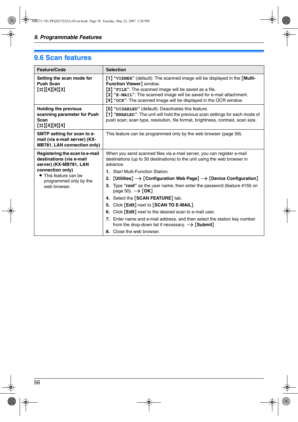 6 scan features, Scan features, 6 scan features | Panasonic KX-MB271 User Manual | Page 56 / 96