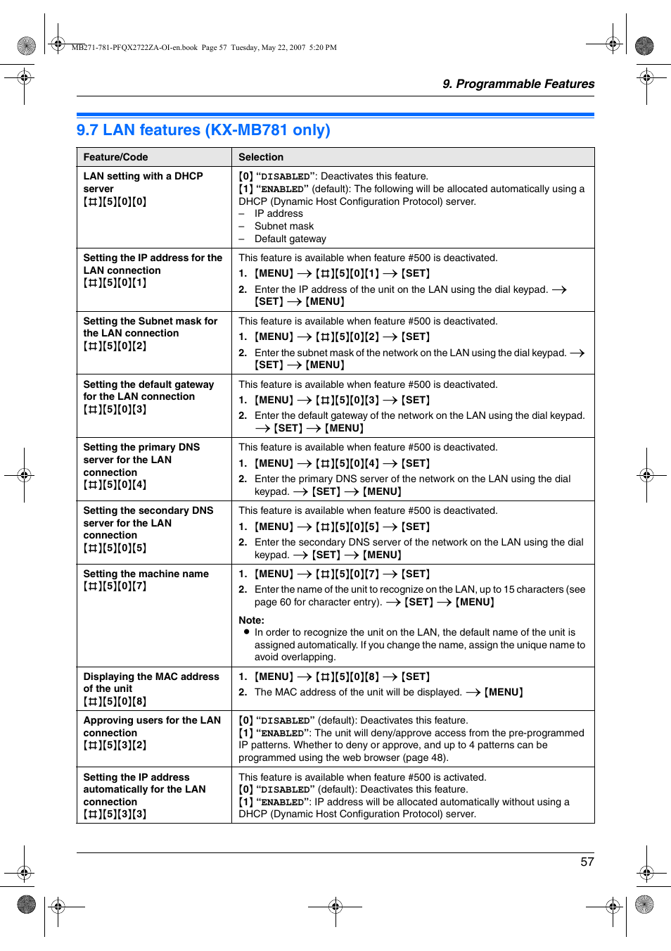 7 lan features (kx-mb781 only), Lan features (kx-mb781 only), 7 lan features (kx-mb781 only) | Panasonic KX-MB271 User Manual | Page 57 / 96