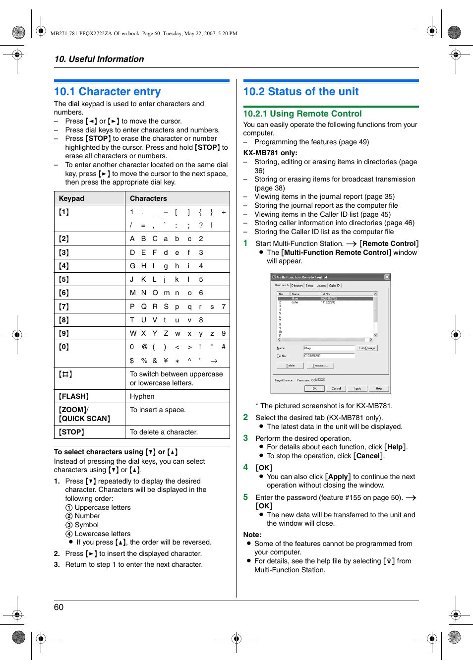 Useful information, 1 character entry, 2 status of the unit | Character entry, Status of the unit, 1 character entry, 2 status of the unit | Panasonic KX-MB271 User Manual | Page 60 / 96