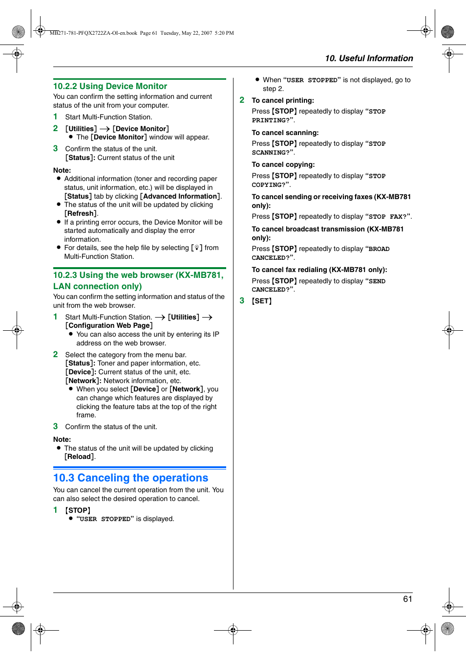 3 canceling the operations, Canceling the operations, 3 canceling the operations | Panasonic KX-MB271 User Manual | Page 61 / 96