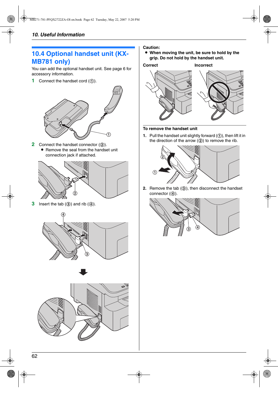 4 optional handset unit (kx- mb781 only), Optional handset unit (kx-mb781 only), 4 optional handset unit (kx- mb781 only) | Panasonic KX-MB271 User Manual | Page 62 / 96