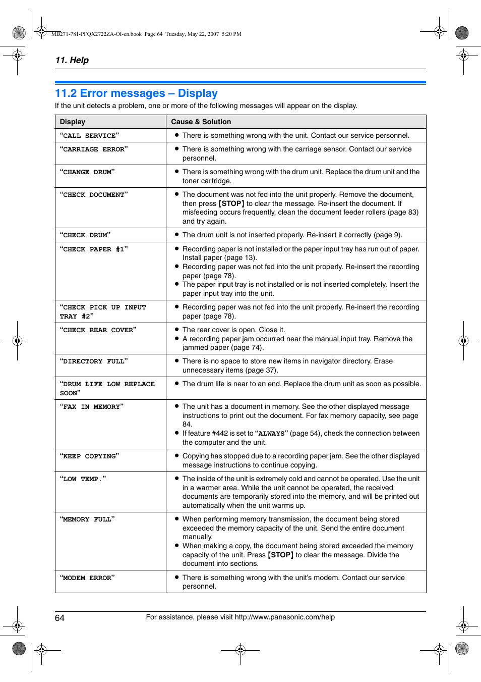 2 error messages – display, Error messages – display, 2 error messages – display | Panasonic KX-MB271 User Manual | Page 64 / 96