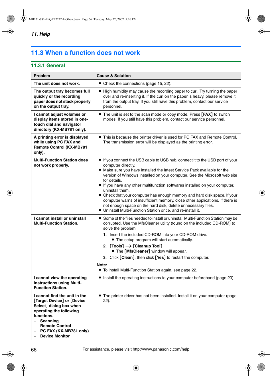 Troubleshooting, 3 when a function does not work, When a function does not work | 3 when a function does not work | Panasonic KX-MB271 User Manual | Page 66 / 96