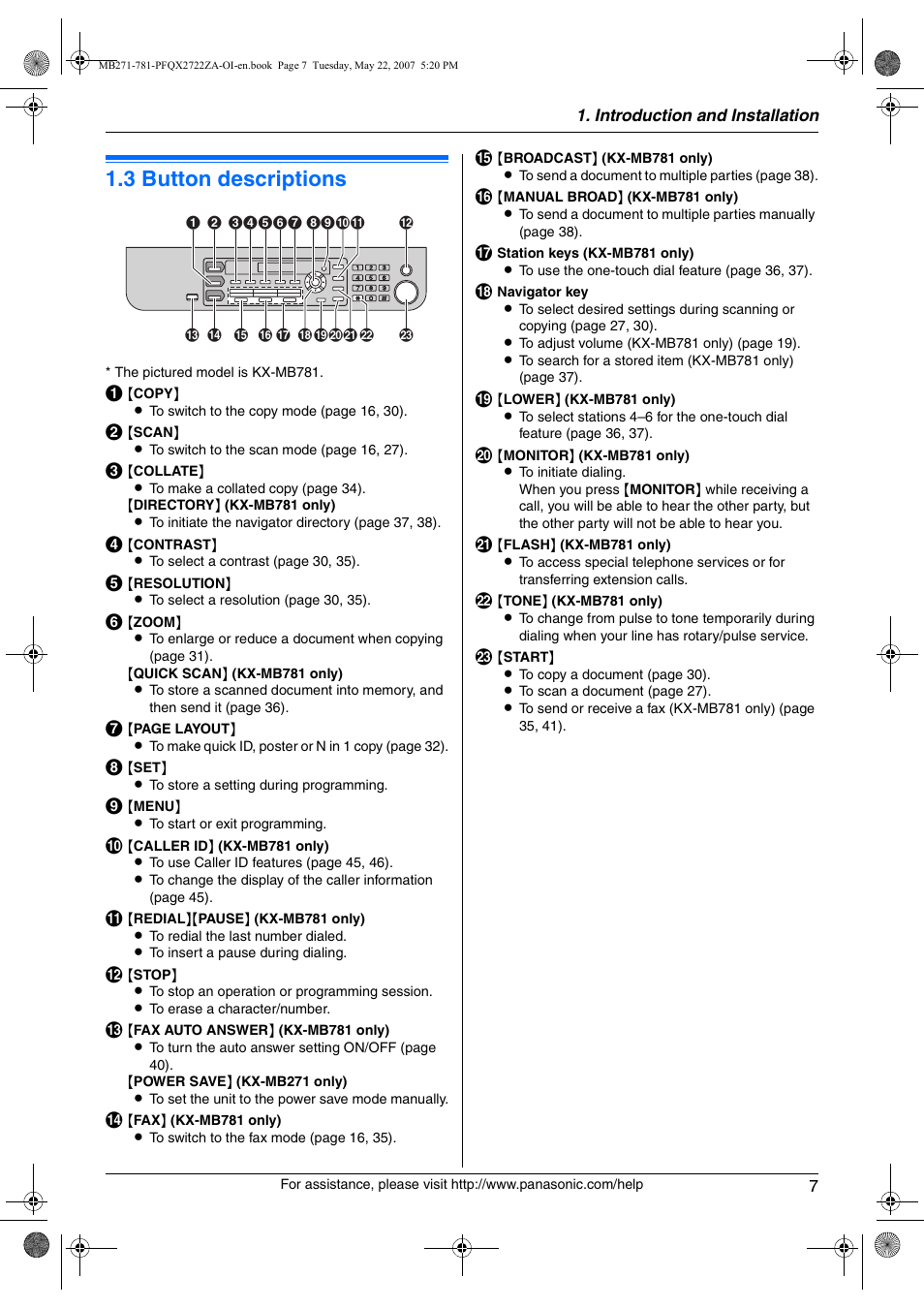 Finding the controls, 3 button descriptions, Button descriptions | 3 button descriptions | Panasonic KX-MB271 User Manual | Page 7 / 96