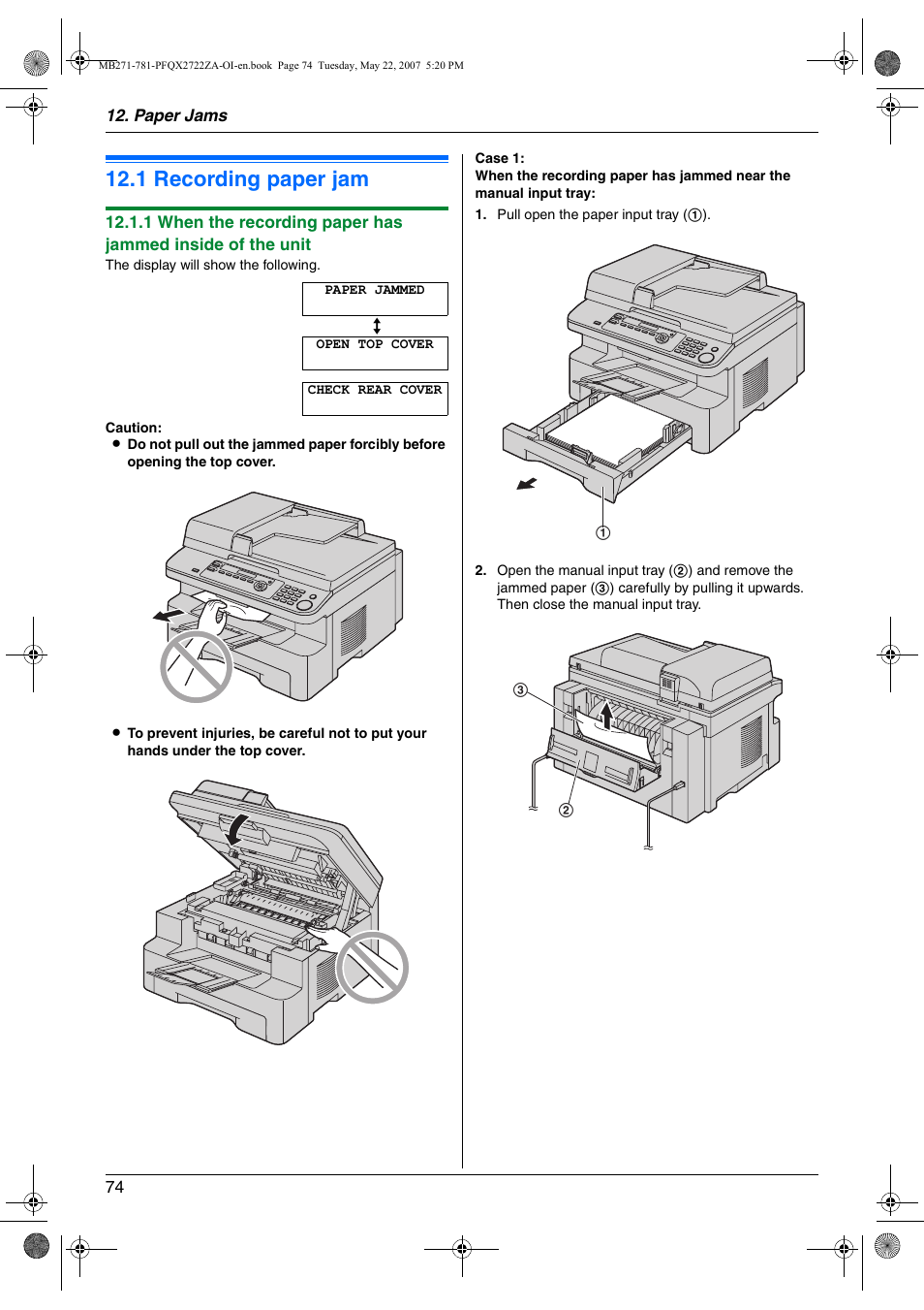Paper jams, Jams, 1 recording paper jam | Recording paper jam, 1 recording paper jam | Panasonic KX-MB271 User Manual | Page 74 / 96