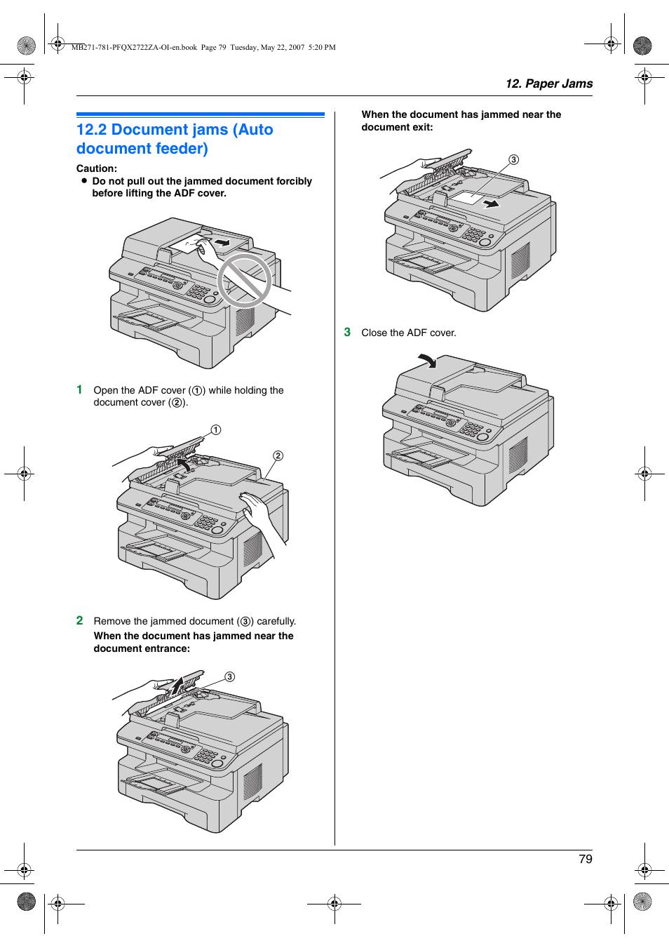2 document jams (auto document feeder), Document jams (auto document feeder), 2 document jams (auto document feeder) | Panasonic KX-MB271 User Manual | Page 79 / 96