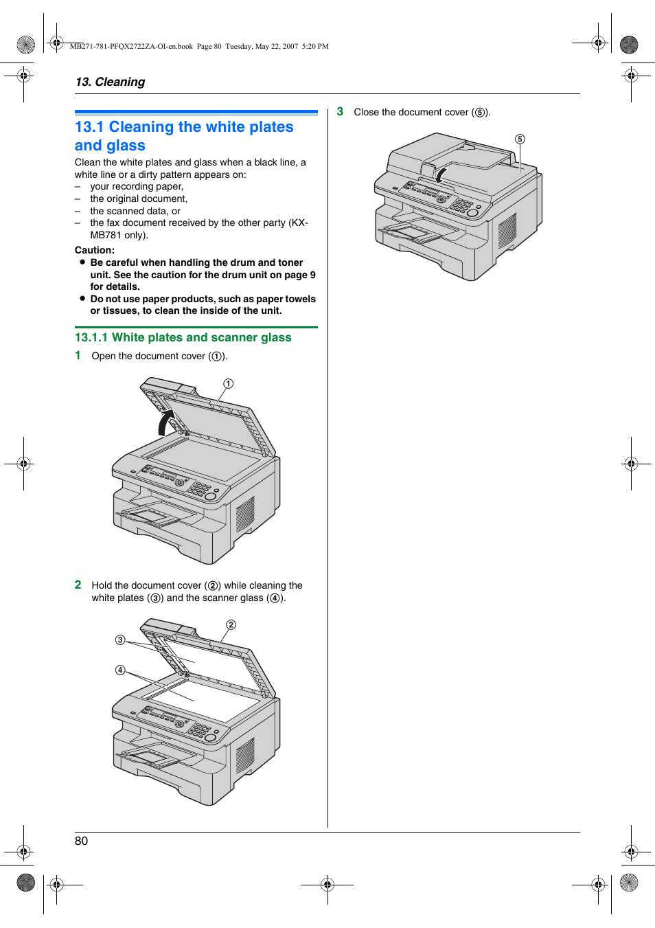 Cleaning, 1 cleaning the white plates and glass, Cleaning the white plates and glass | 1 cleaning the white plates and glass | Panasonic KX-MB271 User Manual | Page 80 / 96