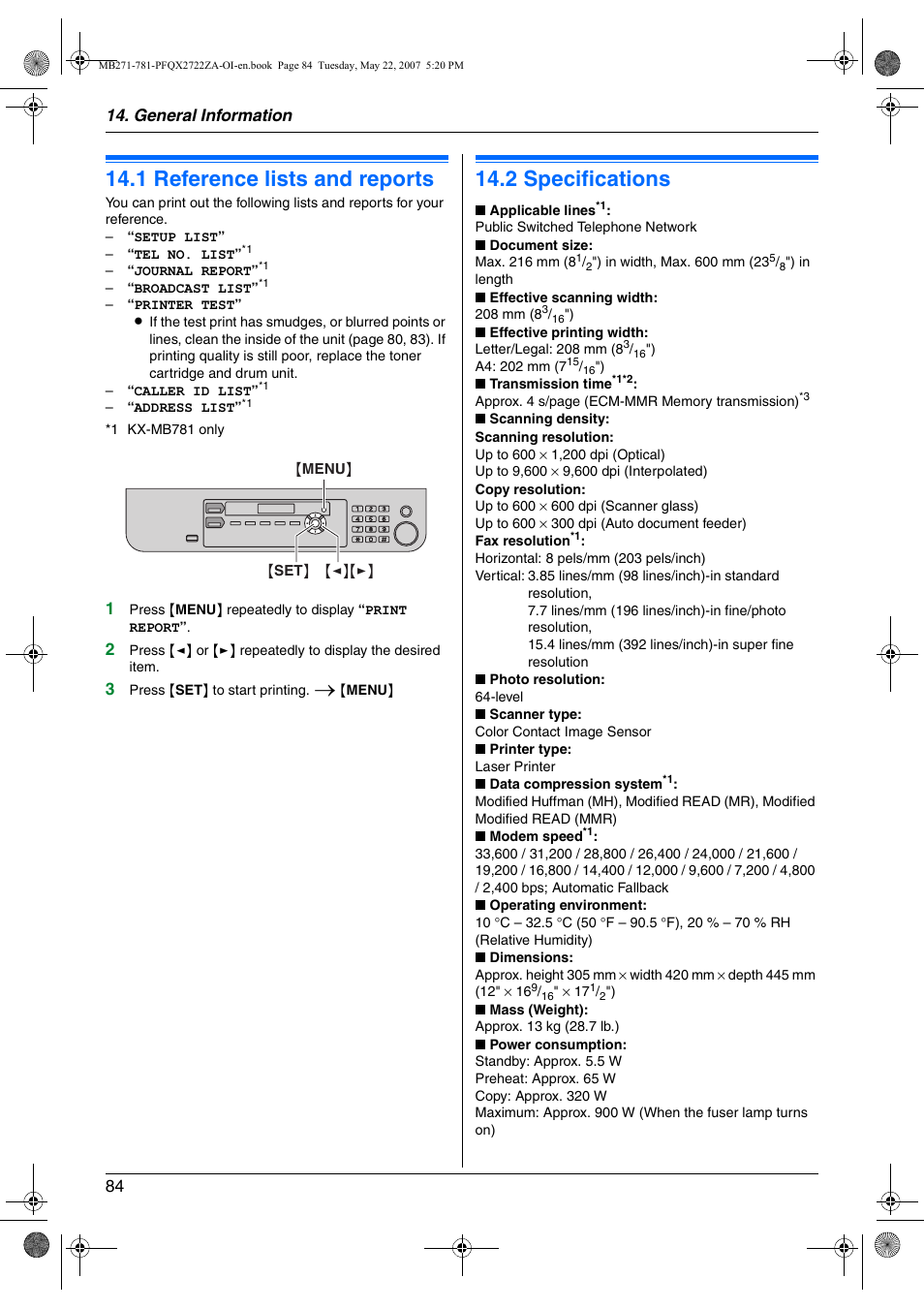 General information, Printed reports, 1 reference lists and reports | Specifications, 2 specifications, Reference lists and reports, 1 reference lists and reports, 2 specifications, General information 84 | Panasonic KX-MB271 User Manual | Page 84 / 96