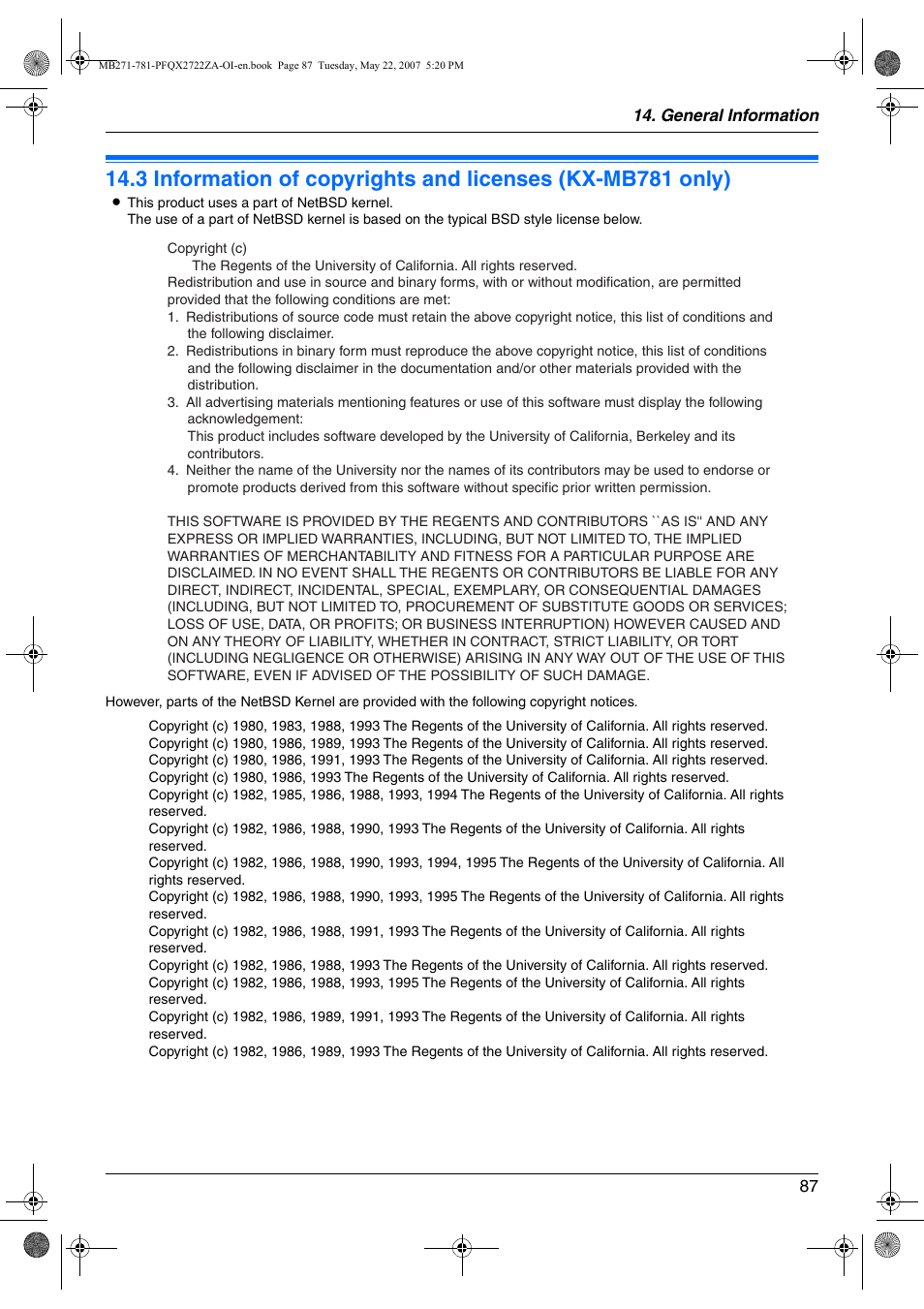 Copyrights, Information of copyrights and licenses (kx, Mb781 only) | Panasonic KX-MB271 User Manual | Page 87 / 96