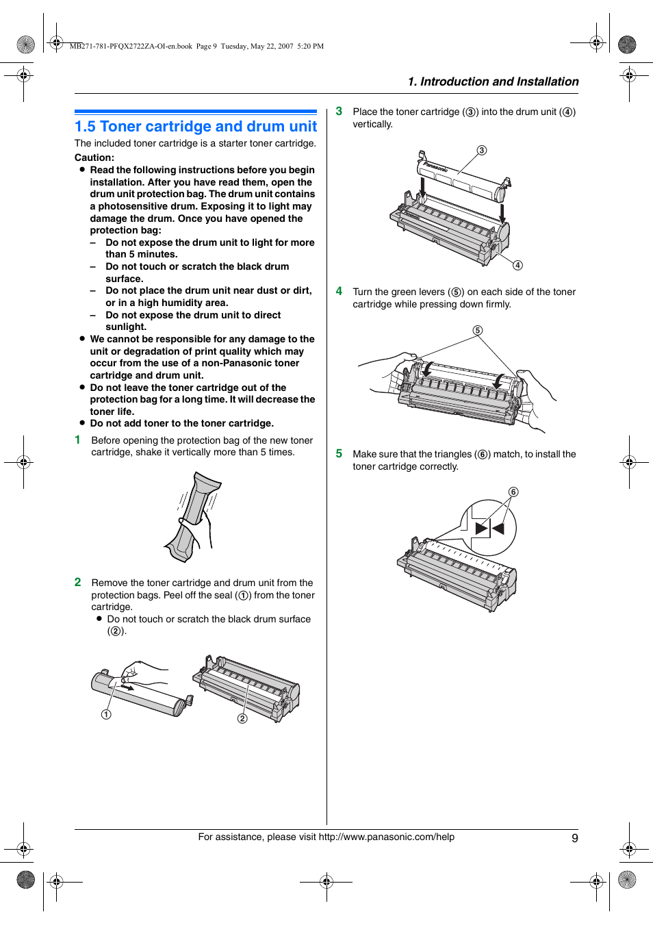 Installation, 5 toner cartridge and drum unit, Toner cartridge and drum unit | 5 toner cartridge and drum unit | Panasonic KX-MB271 User Manual | Page 9 / 96