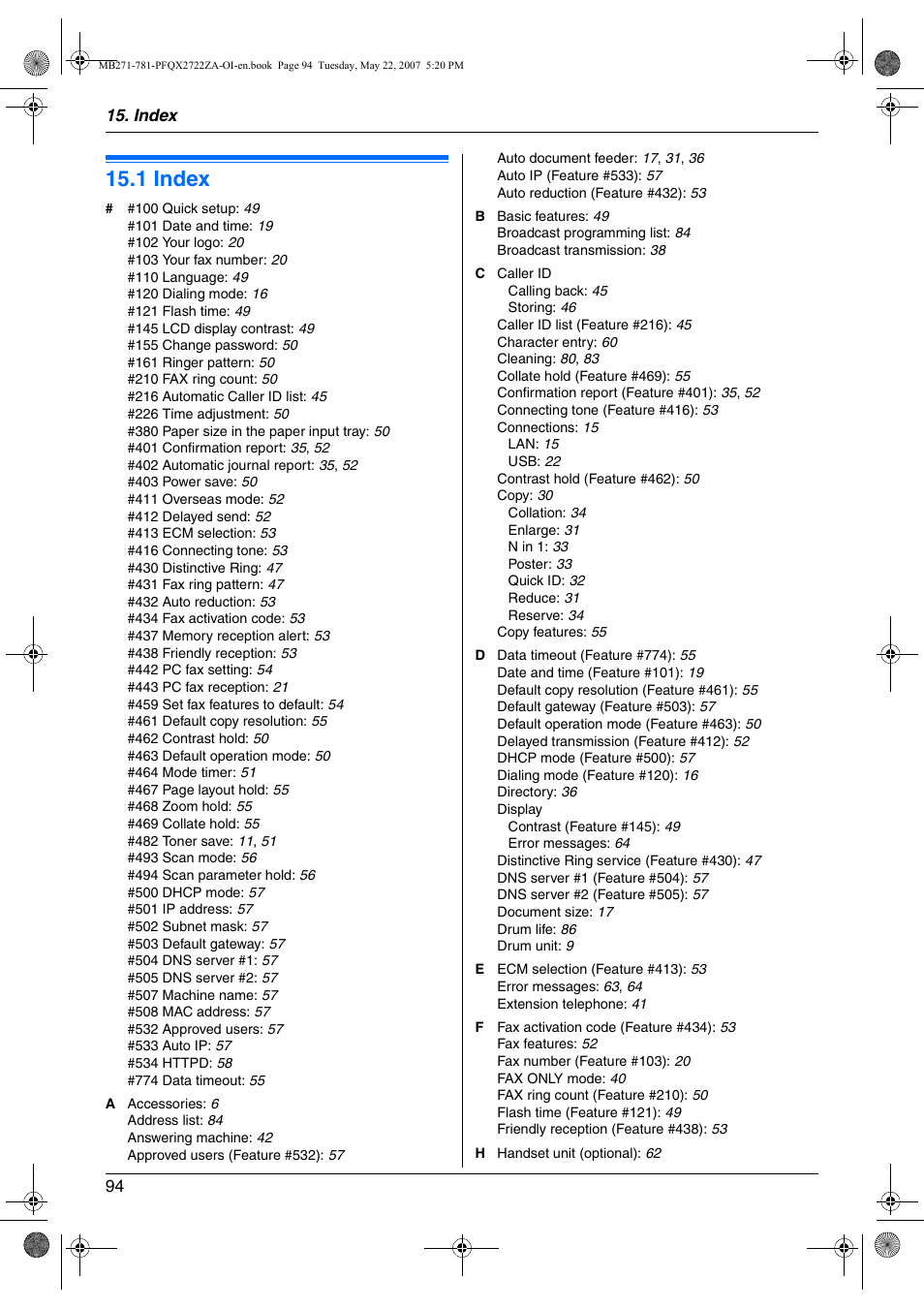 Index, 1 index | Panasonic KX-MB271 User Manual | Page 94 / 96