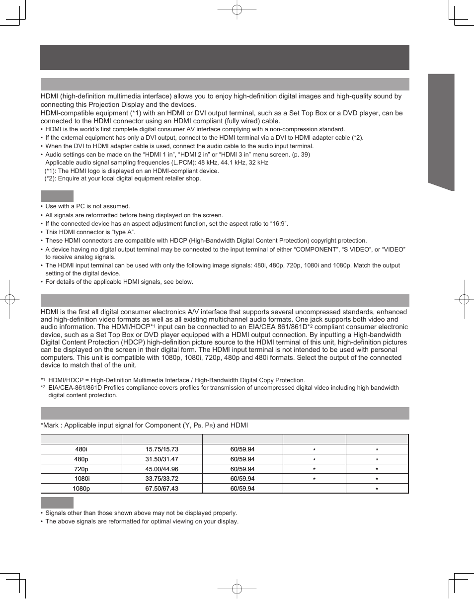 Getting start ed, Hdmi connection, About hdmi | Input signals that can be displayed | Panasonic PT-61LCZ7 User Manual | Page 23 / 68