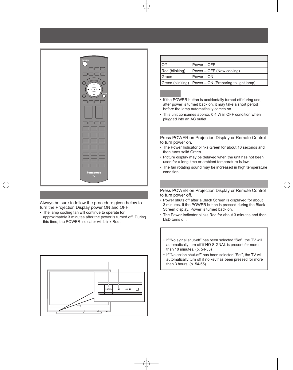 Use now, Power on / off, Turning the power on and off | Panasonic PT-61LCZ7 User Manual | Page 24 / 68