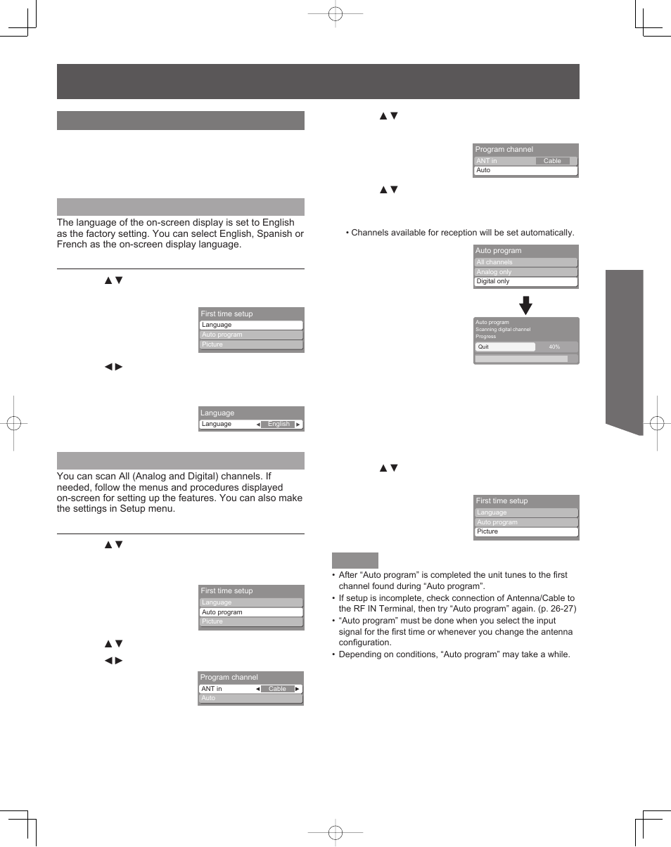 Basic operation, First time setup, Language | Auto program | Panasonic PT-61LCZ7 User Manual | Page 25 / 68