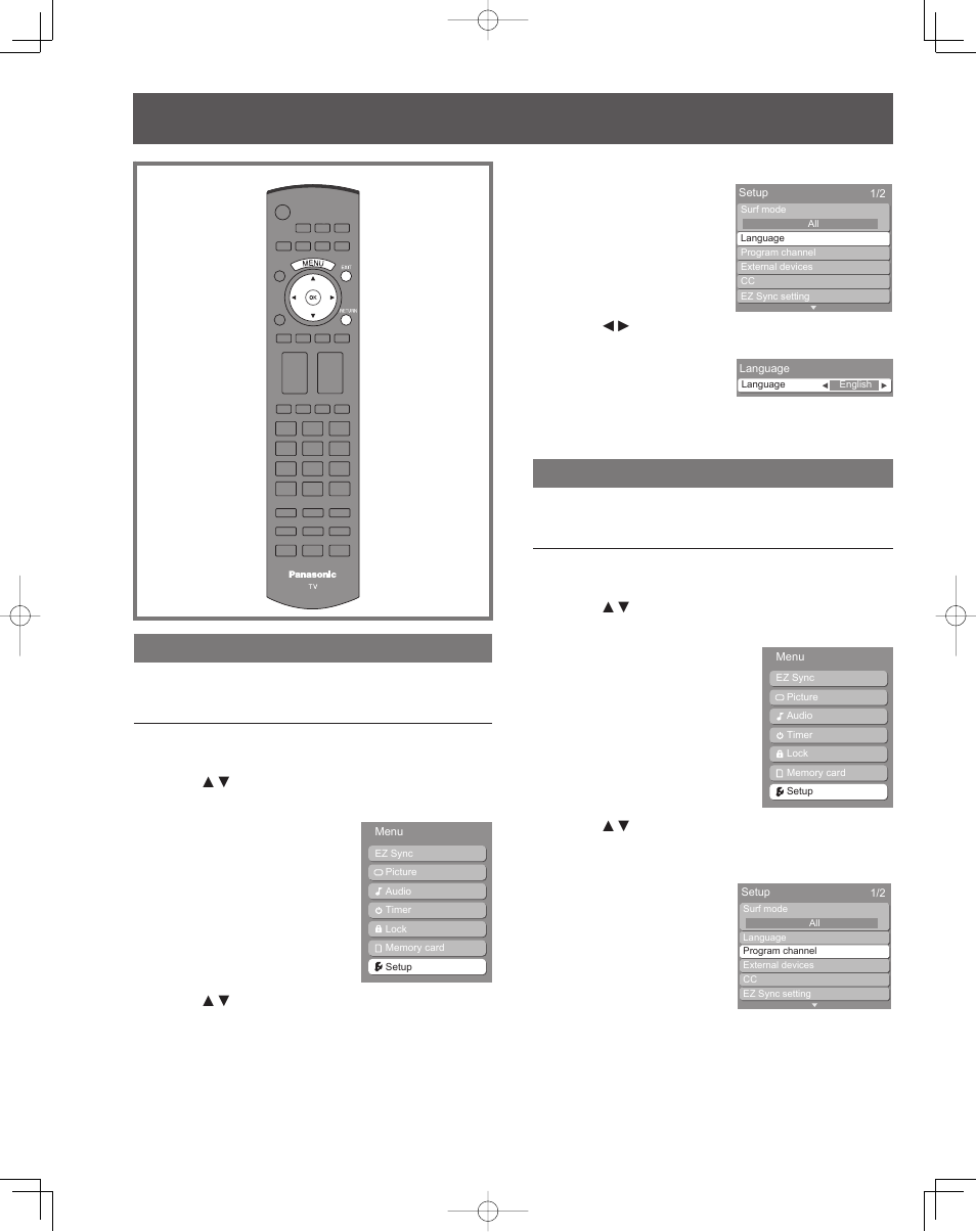 Tuning channels, Switching languages for display, Automatic program setting | Panasonic PT-61LCZ7 User Manual | Page 26 / 68