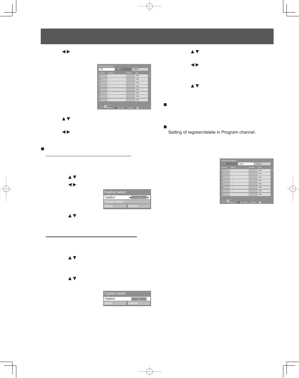 Tuning channels (continued), When a preset caption has been entered, When selecting a desired caption manually | Setting of register/delete in program channel, Caption select, Caption detail | Panasonic PT-61LCZ7 User Manual | Page 28 / 68