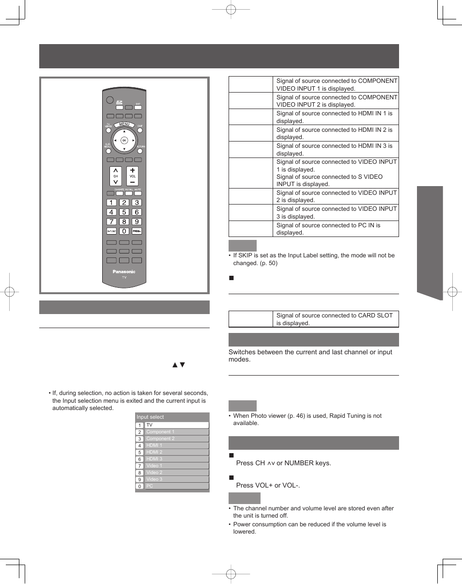 Projection display operation, Basic operation, Selecting input mode | Rapid tuning, Using the ch/ vol button | Panasonic PT-61LCZ7 User Manual | Page 29 / 68