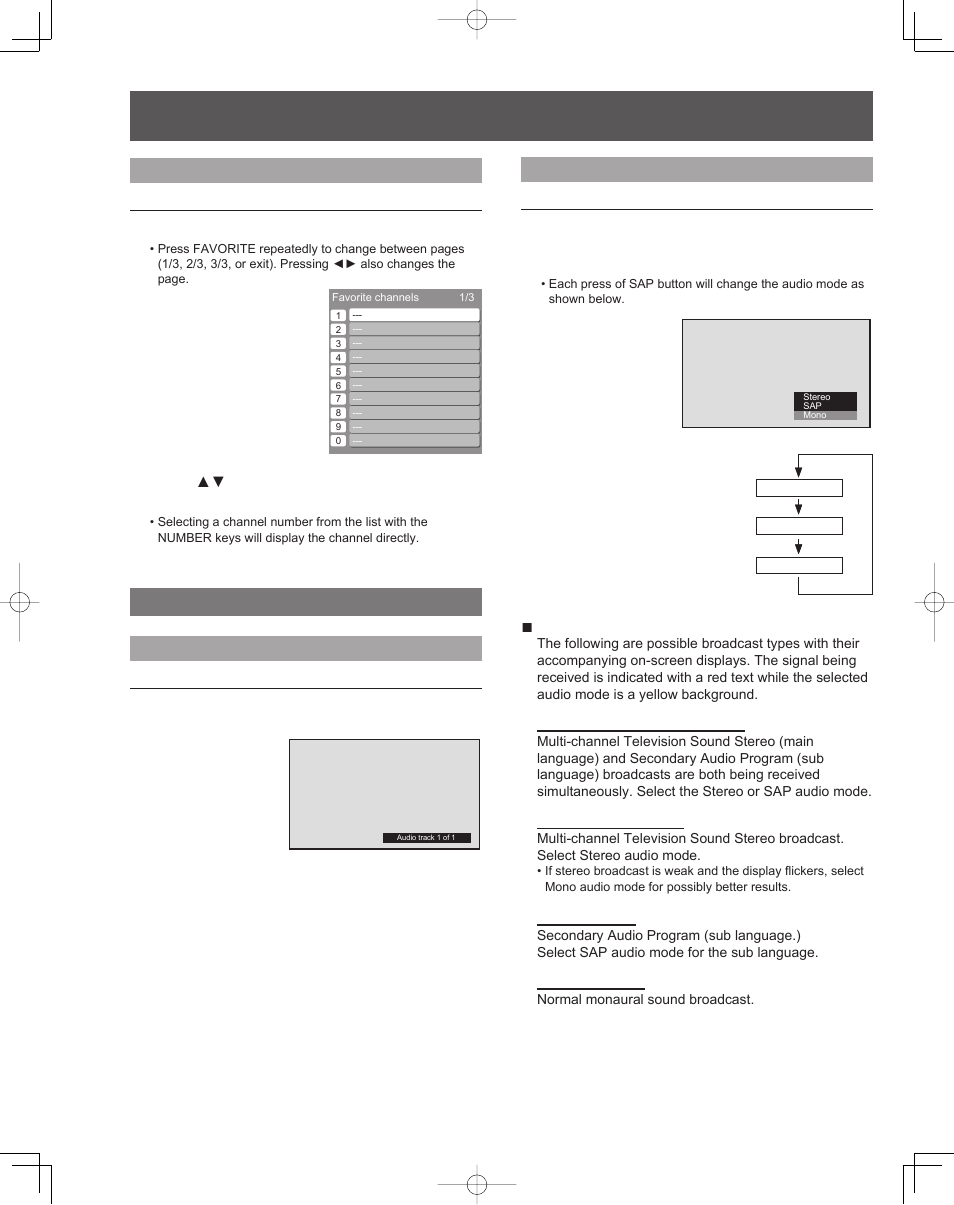 Select audio mode for tv viewing, Analog mode, Use favorite feature | Digital mode, Projection display operation (continued) | Panasonic PT-61LCZ7 User Manual | Page 32 / 68