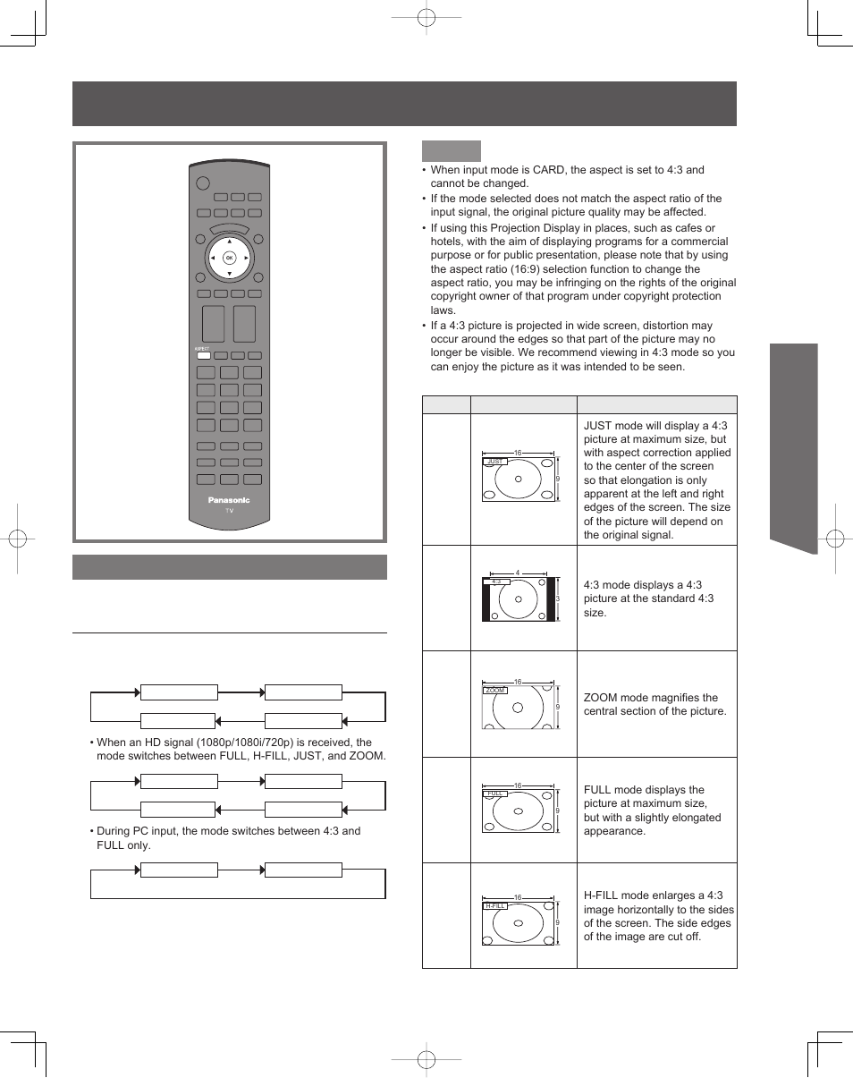 Aspect controls, Aspect con trols, Basic operation | Changing the aspect mode | Panasonic PT-61LCZ7 User Manual | Page 33 / 68