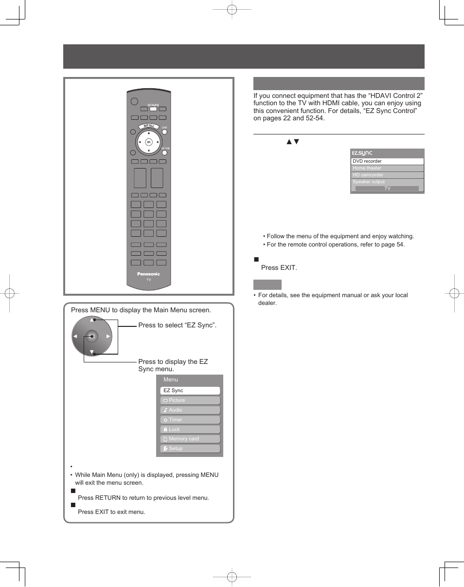Enjoy more, Ez sync feature, Ez sync™ feature | Ez sync | Panasonic PT-61LCZ7 User Manual | Page 34 / 68