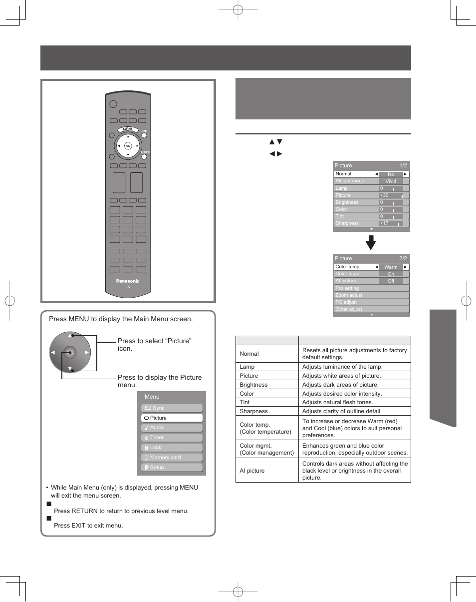Picture adjustments, Advanced op er a tion | Panasonic PT-61LCZ7 User Manual | Page 35 / 68