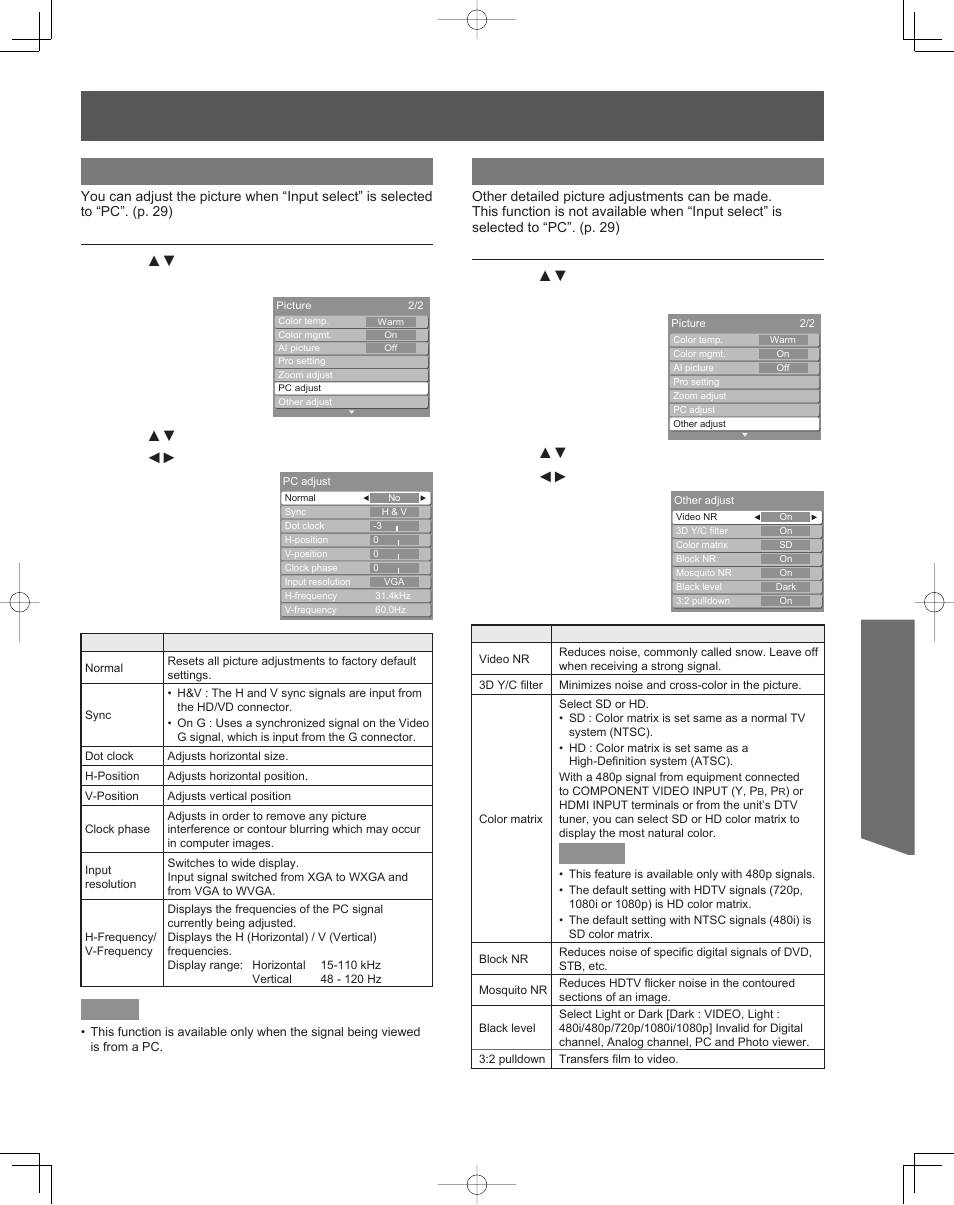 Advanced op er a tion, Pc adjust, Other adjust | Panasonic PT-61LCZ7 User Manual | Page 37 / 68