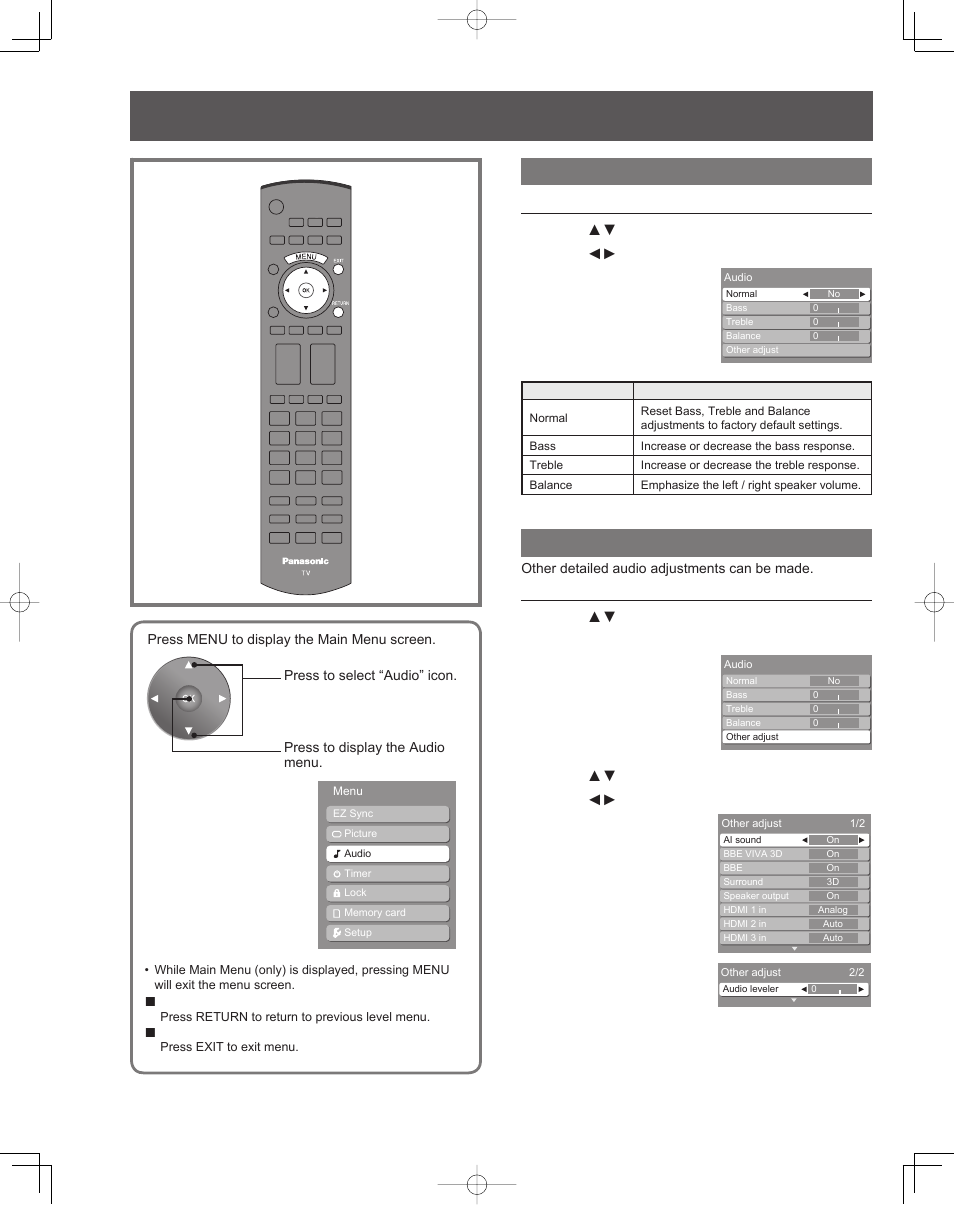 Audio adjustments, Audio ad just ments, Normal / bass / treble / balance | Other adjust | Panasonic PT-61LCZ7 User Manual | Page 38 / 68