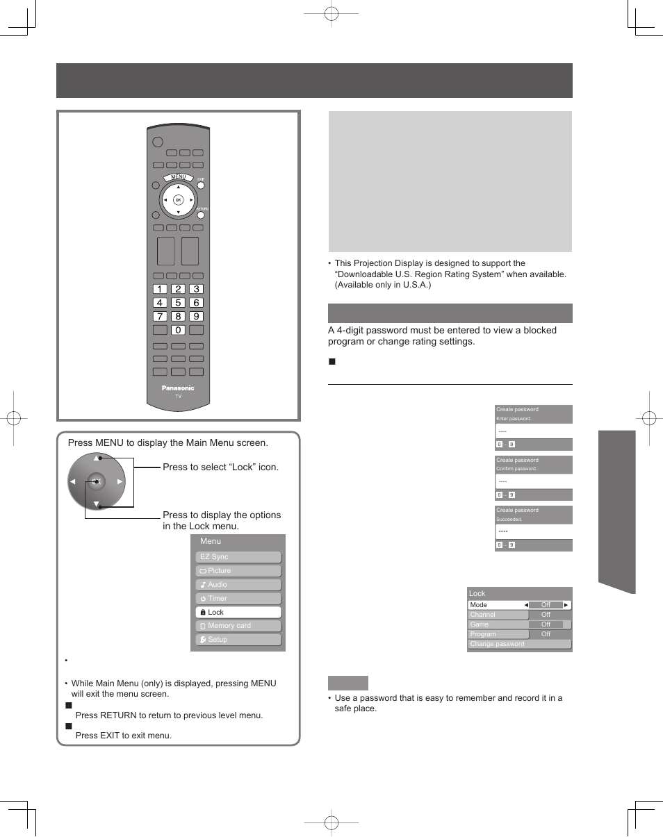 Lock feature, Advanced op er a tion, Enter password | Create password | Panasonic PT-61LCZ7 User Manual | Page 41 / 68