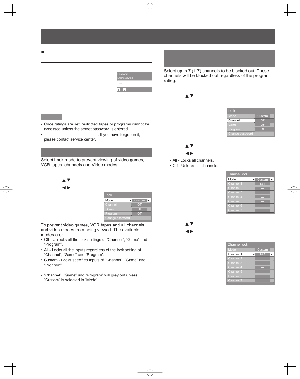 Lock set, Channel lock (block channel selection), Lock feature (continued) | Enter password | Panasonic PT-61LCZ7 User Manual | Page 42 / 68