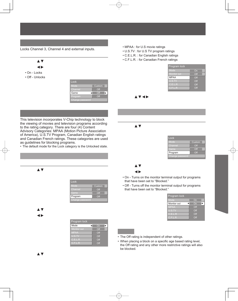 Advanced op er a tion, Game lock, Block program | Rating level setting, Monitor out setting | Panasonic PT-61LCZ7 User Manual | Page 43 / 68