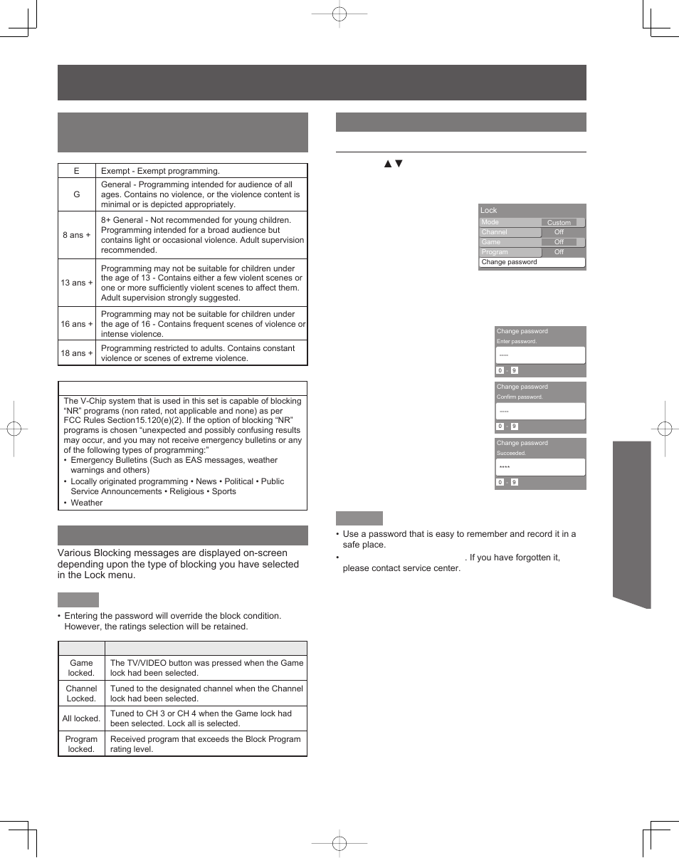 Advanced op er a tion, Canadian french ratings chart blocking messages, Change password | Panasonic PT-61LCZ7 User Manual | Page 45 / 68