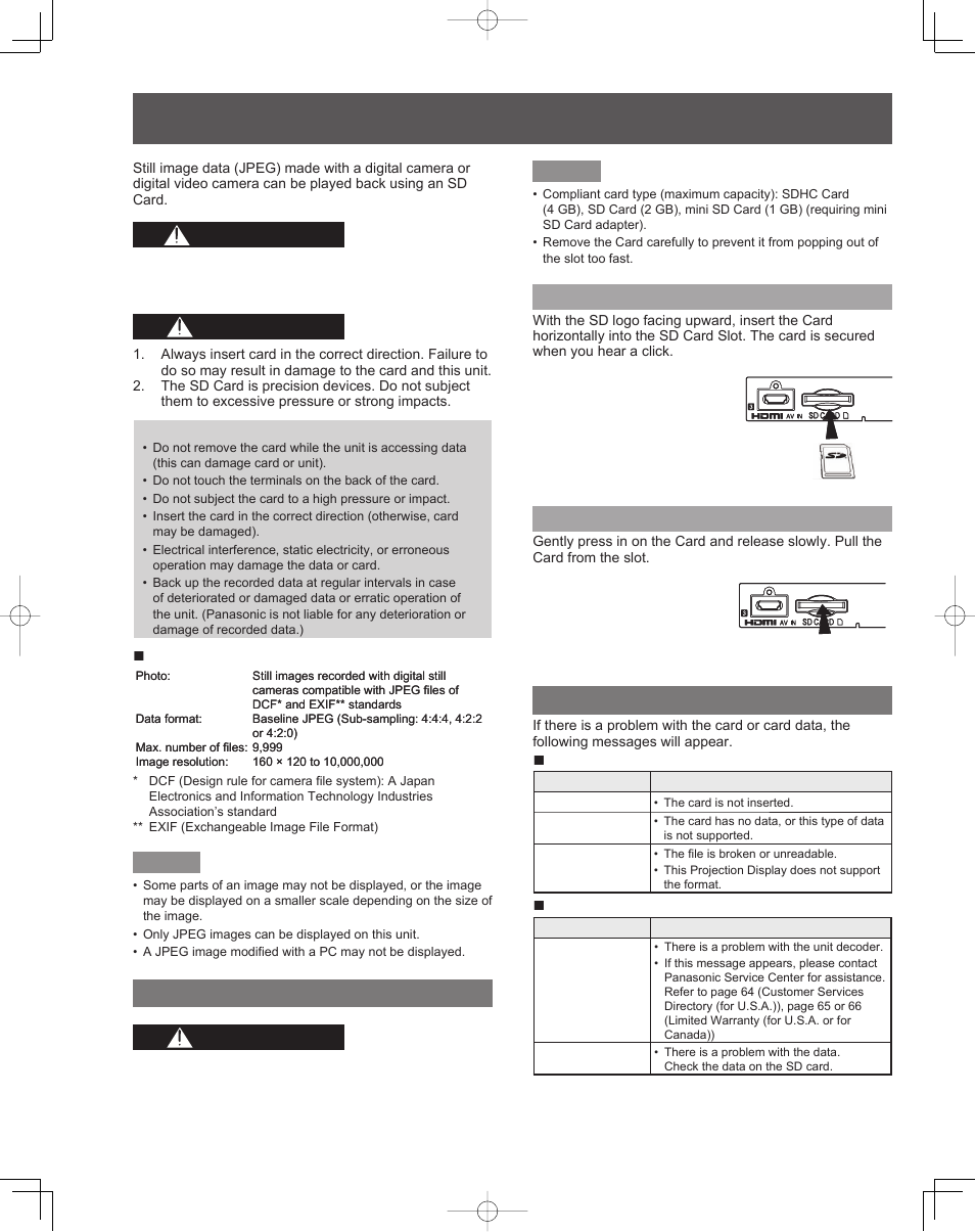 Viewing from sd card, Warning, Warning caution caution | Caution, Card warning messages, Insert/remove the card | Panasonic PT-61LCZ7 User Manual | Page 46 / 68