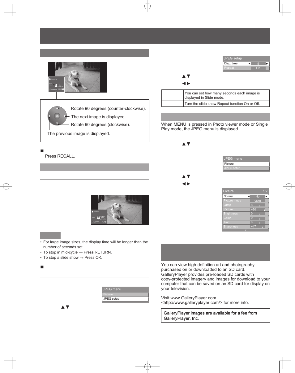 Single play mode, Viewing from a galleryplayer sd card, Viewing from sd card (continued) | Display/hide navigation area, Slide show setting | Panasonic PT-61LCZ7 User Manual | Page 48 / 68