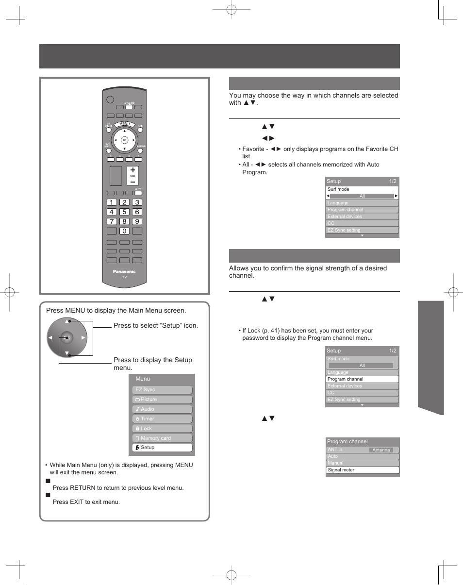 Setup features, Advanced op er a tion, Surf mode | Signal meter | Panasonic PT-61LCZ7 User Manual | Page 49 / 68
