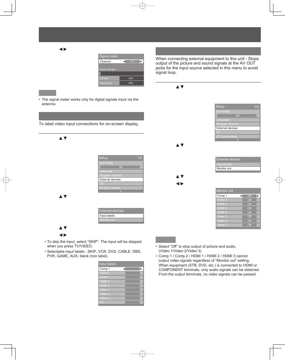 Input labels, Monitor out, Setup features (continued) | Panasonic PT-61LCZ7 User Manual | Page 50 / 68