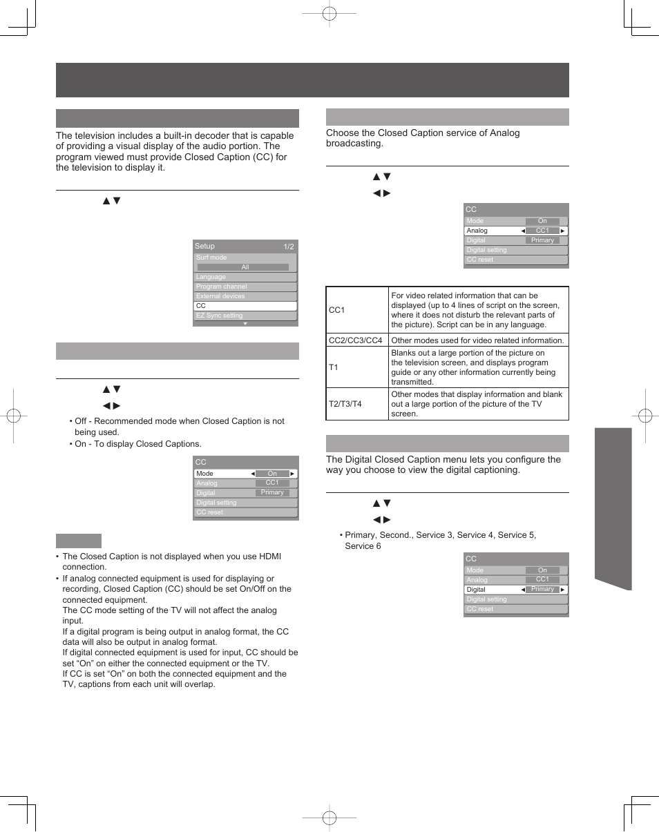 Advanced op er a tion, Cc (closed caption), Cc mode | Cc mode for analog, Cc mode for digital | Panasonic PT-61LCZ7 User Manual | Page 51 / 68