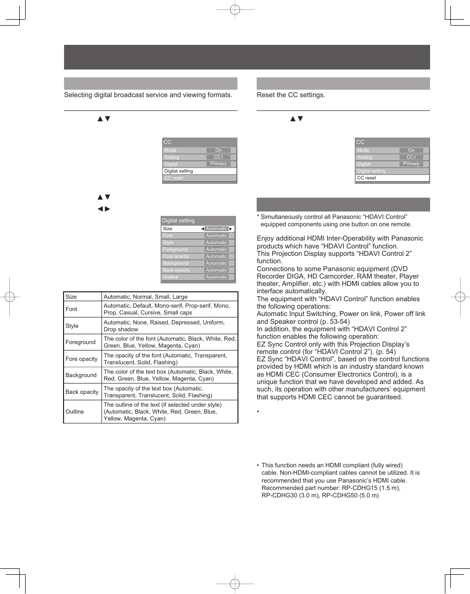 Ez sync™ “hdavi control, Digital settings, Setup features (continued) cc reset | Panasonic PT-61LCZ7 User Manual | Page 52 / 68