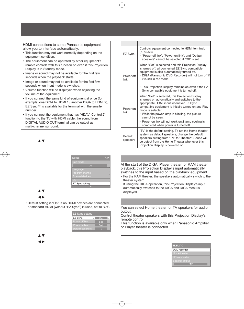 Advanced op er a tion, Automatic input switching, Speaker control | Panasonic PT-61LCZ7 User Manual | Page 53 / 68