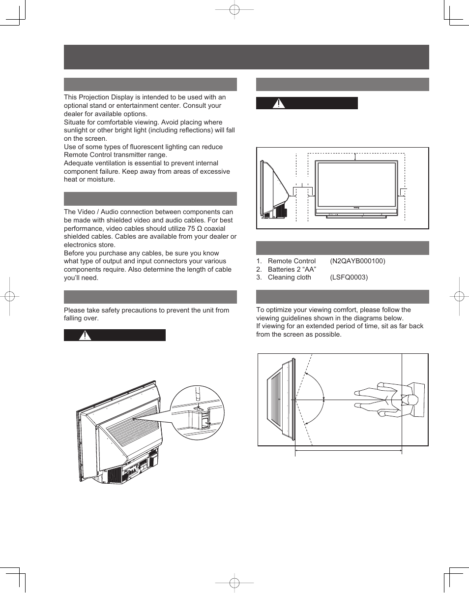 Before using, Warning, Caution | Receiver location, Optional external equipment, Safety precaution, Installation dimensions diagram, Accessories, Viewing position | Panasonic PT-61LCZ7 User Manual | Page 6 / 68